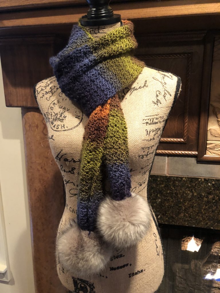 griddle stitch scarf with pom poms
